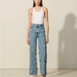 Sandro Paris Women’s Light Blue Straight-Leg daisy flower embroidered jeans
